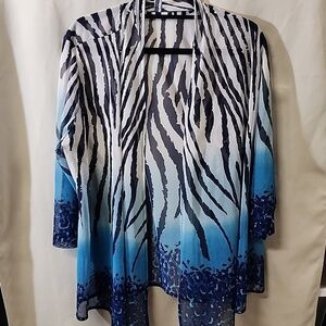 Chicos Travelers Collection Mesh Zebra Black White Blue Print Cardigan Size 3 XL